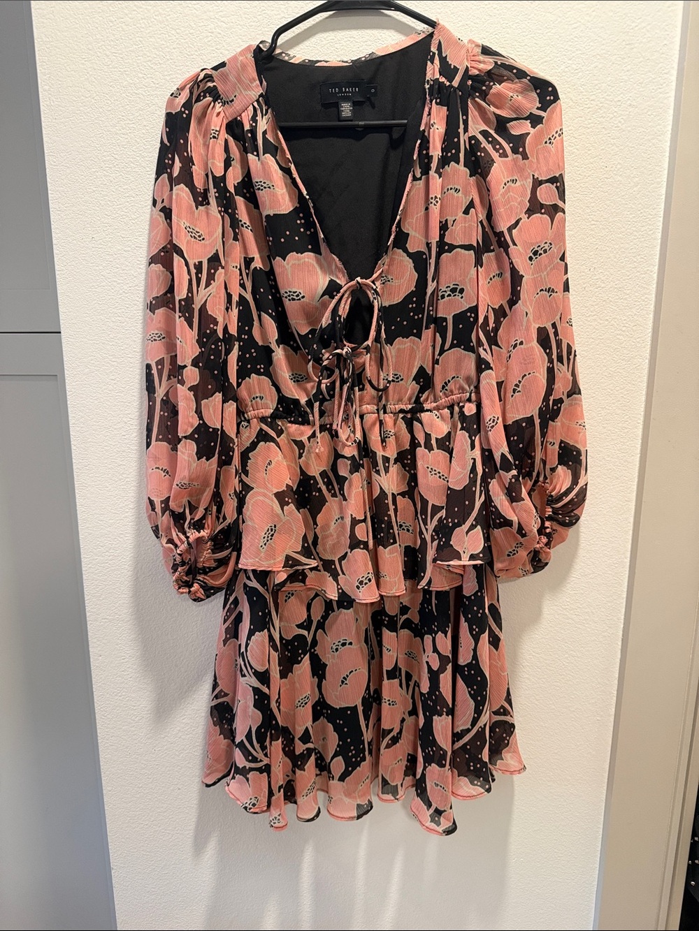 Ted Baker Black and Pink Floral Ruffle Dress